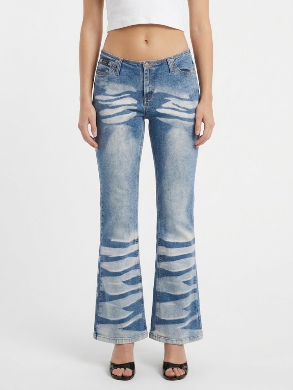 SZ 7 | Y2K Low Rise No-Waistband Flare Jeans Zebra Bleached Blue Wash